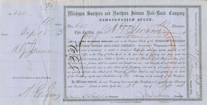 Addison G. Jerome signed Michigan Southern and Northern Indiana Rail-Road Co.